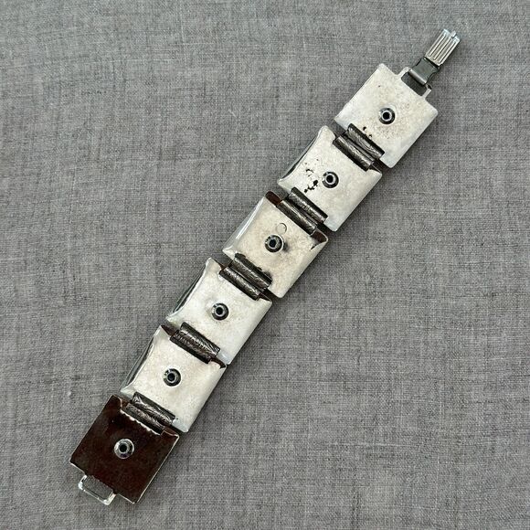 Vintage Etched Silver Tone Square Panel Blue Oval Faux Turquoise Bracelet 7" - Picture 4 of 9